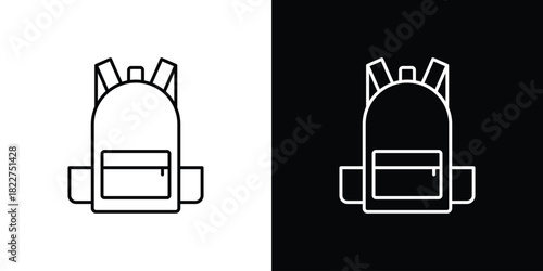 Backpack icon outline set in black and white. thin line style.