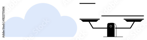 Cloud shapes paired with a minimalist balance scale highlight concepts thumbs up fairness, equality, justice, technology, digital innovation, data management, and online infrastructure. Ideal