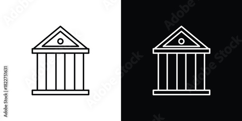 Bank icon outline set in black and white. thin line style.