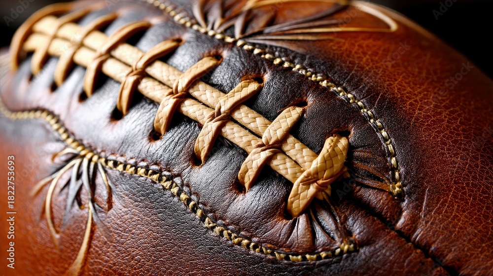 Fototapeta premium A detailed, close-up view of a vintage brown leather American football, highlighting the texture of the leather, the intricate stitching, and the laced seam. Th