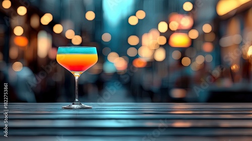 A vibrant, layered cocktail in a stemmed glass sits on a dark wooden table. The background features a soft bokeh effect of warm, glowing lights, suggesting a li