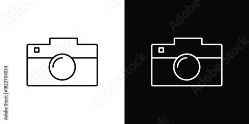 Camera icon outline set in black and white. thin line style.