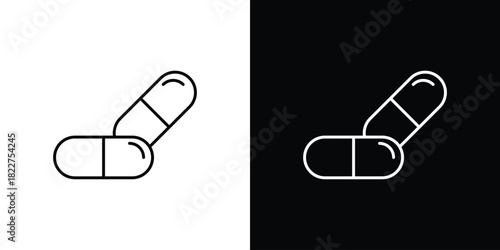 Capsule icon outline set in black and white. thin line style.