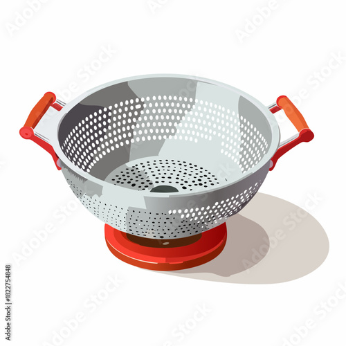 Isometric illustration of metal colander with red base and handles
