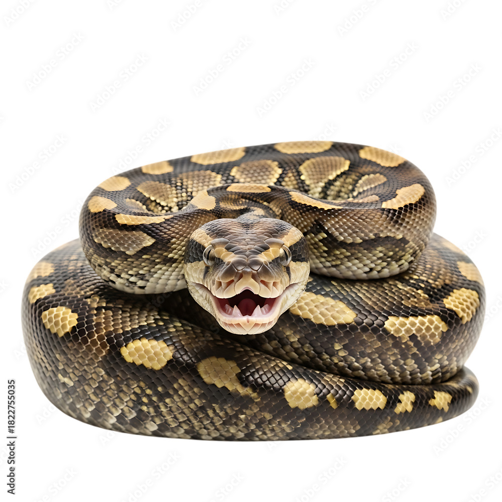 Obraz premium Ball Python Coiled With Mouth Open Showing Pink Interior And Fangs, cutout, PNG isolated on white or transparent background