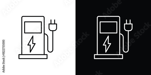 Charging station icon outline set in black and white. thin line style.