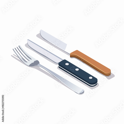 Knife, fork, and spoon set – isometric kitchen utensil illustration
