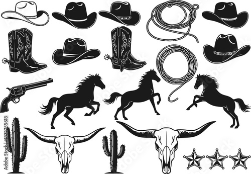 A large collection of old western design elements, embellishment, borders and divider lines.	