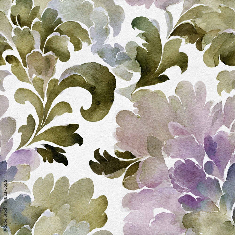 Fototapeta premium Watercolor seamless pattern featuring abstract floral shapes and leaves. Hand painted elegant botanical design for background, textile, fabric, and wallpaper.