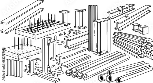 Construction elements and steel beams depicted in an architectural illustration with black outline
