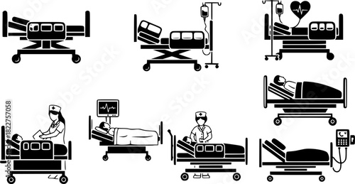 Hospital Bed Icons: Medical Equipment and Patient Care Illustrations

