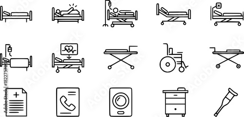 Hospital Bed Icons: Medical Equipment and Patient Care Illustrations
