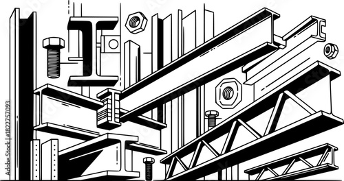 Construction elements and steel beams depicted in an architectural illustration with black outline
