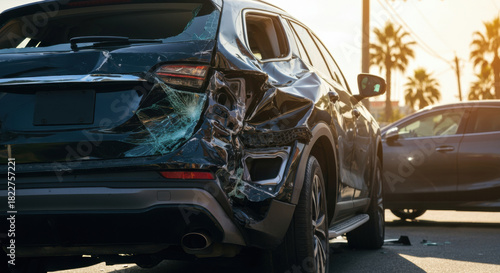 Damaged SUV after rear collision on sunlit street with palm trees in daylight