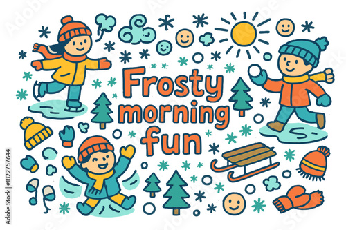 Frosty Morning Play. Frosty morning fun. Hand-drawn doodle illustration of frosty morning fun. Kids playing,