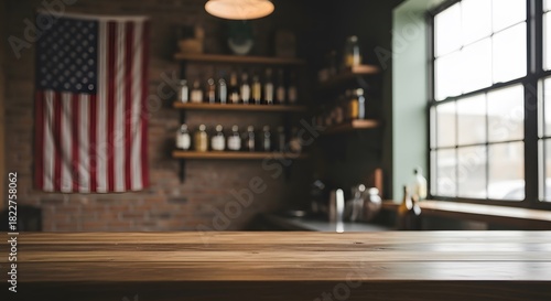 Rustic bar interior with american flag and wooden countertop
