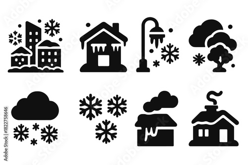 Frozen City Icons. Frozen cityscape. Filled icon set of frozen cityscape: skyscrapers, snow-covered roofs,