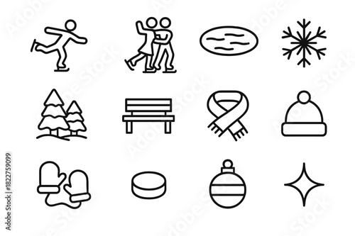 Frozen Lake Icons. Frozen Lake Fun. Line outline icon set of Frozen Lake Fun: ice skater, pair skating, frozen