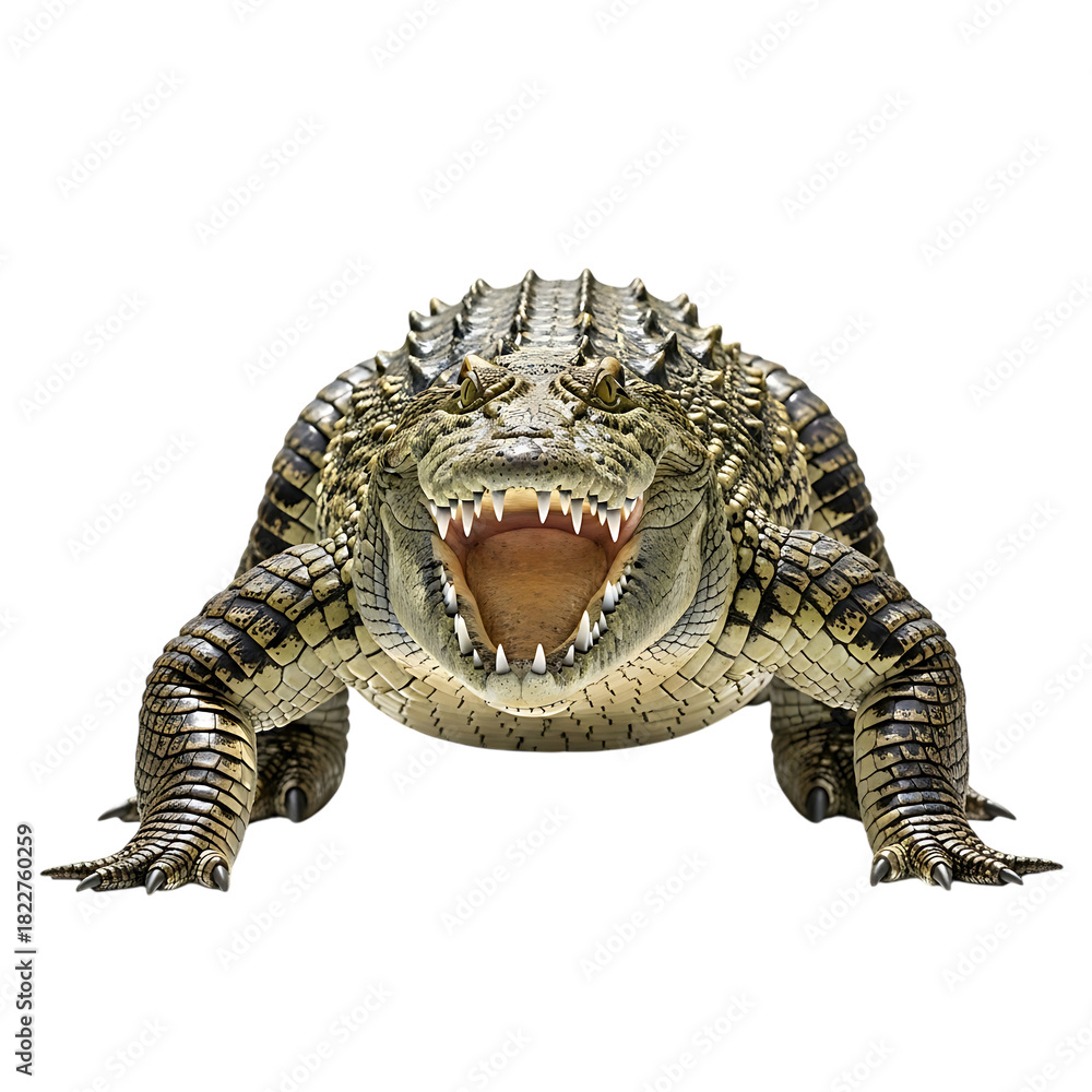 Fototapeta premium Fierce crocodile with open mouth and sharp teeth showing its powerful jaws, cutout, PNG isolated on white or transparent background