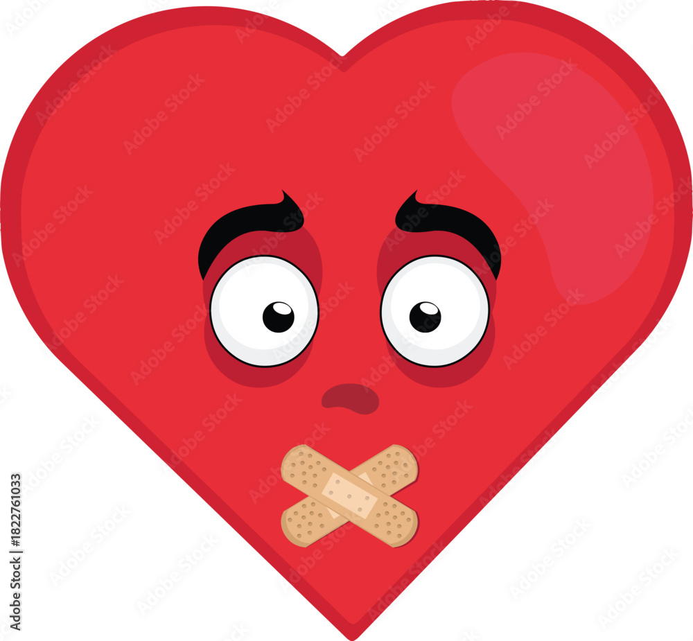 Fototapeta premium vector illustration emoticon character heart cartoon, with adhesive strips on the mouth in concept of keeping silent or shutting up