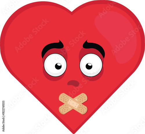 vector illustration emoticon character heart cartoon, with adhesive strips on the mouth in concept of keeping silent or shutting up