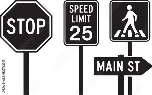 Set of traffic road signs in silhouette style isolated on transparent background