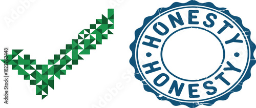 Honesty polygonal check mark and honesty blue seal. Concept of reliable behavior.