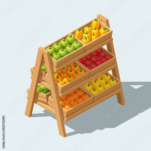 Wooden produce stand with fresh fruits and vegetables.