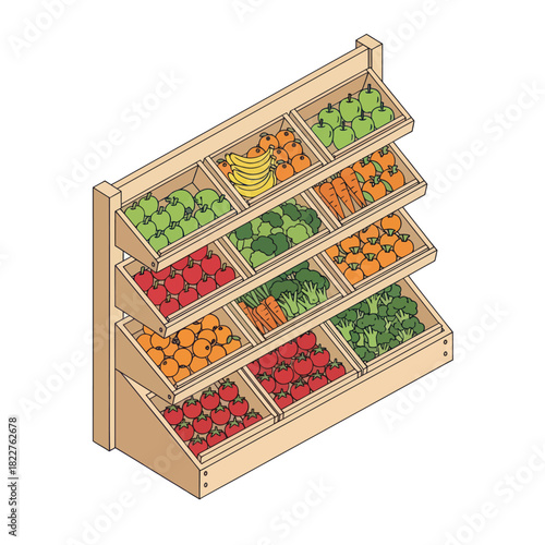Produce Display Rack Filled with Colorful Fruits and Vegetables.