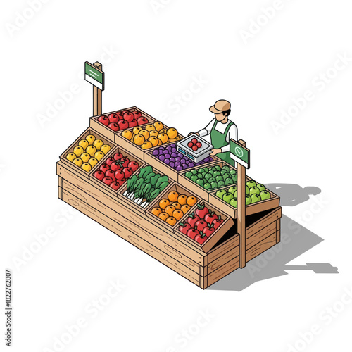 Isometric illustration of a greengrocer arranging fresh produce on a market stall.