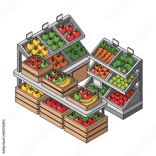 Fresh produce display showcasing various fruits and vegetables in wooden crates.