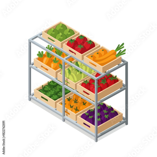 Isometric Supermarket Shelf with Fresh Fruits and Vegetables.