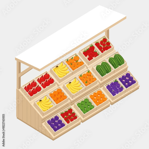 Isometric market stall with a vibrant assortment of fresh fruits and vegetables.