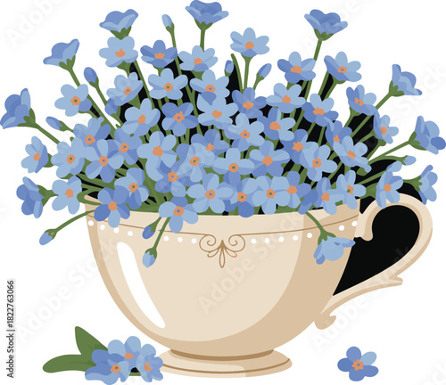 Bouquet of Blue Forget-Me-Not Flowers in Vintage Teacup Illustration