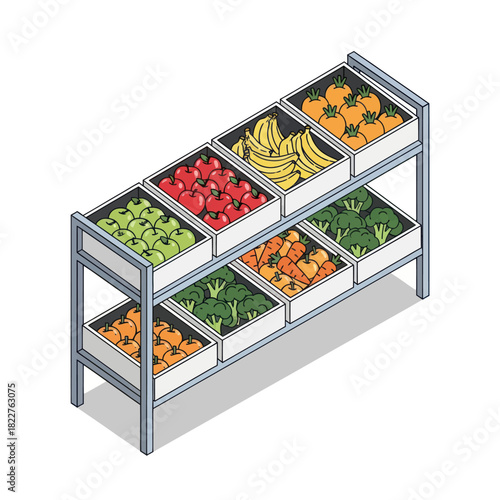 Isometric Fruit and Vegetable Display Stand with Assorted Produce.
