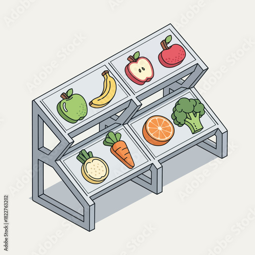 Isometric illustration of a produce stand with various fruits and vegetables.