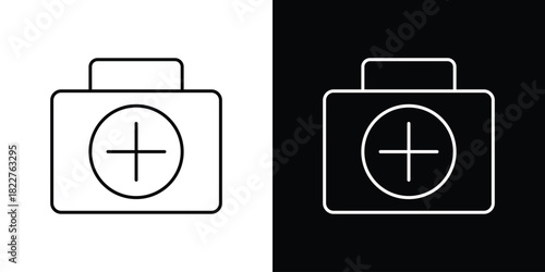 First aid kit icon outline set in black and white. thin line style.