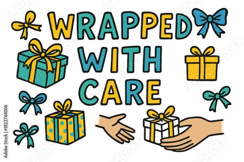 Gift Exchange Doodles. Wrapped With Care ? Doodle / Sketch style; casual hand-drawn letters with doodles of