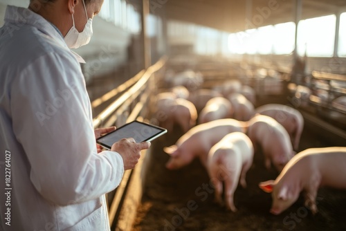 Senior veterinarian using tablet to monitor pigs in pen at a pig farm from the rear view