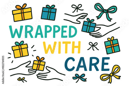 Gift Exchange Doodles. Wrapped With Care ? Doodle / Sketch style; casual hand-drawn letters with doodles of