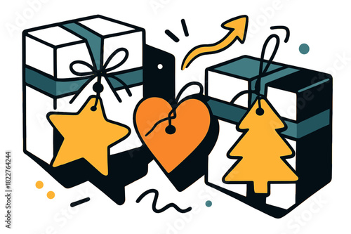 Gift Tag Ornaments. Gift tag ornaments. Small paper ornaments tied to gifts as decoration ? stars, hearts, and