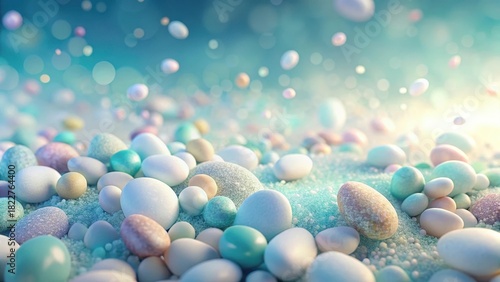 Pastel-colored stones resting on a light blue surface, bathed in soft, ethereal light, creating a serene and calming visual; some stones appear frosted, adding texture and depth to the scene.