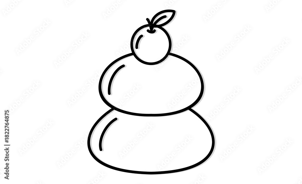 Obraz premium 正月用のシンプルな鏡餅のモノクロ線画イラストアイコン素材