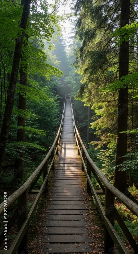 Fototapeta premium Mysterious long wooden boardwalk path extending through a dense sunlit forest into an ethereal misty unknown