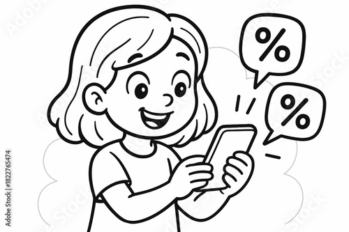 Girl Browsing Discounts. Girl checking discounts on her phone children?s coloring book illustration, outlined