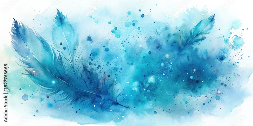 Obraz premium Ethereal Watercolor Painting of Delicate Blue Feathers Floating in a Dreamlike, Spattered Sky
