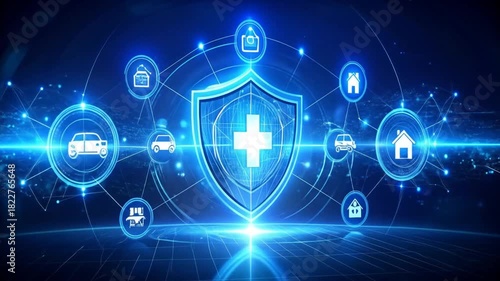 Digital illustration of insurance coverage concept, shield with icons of protection