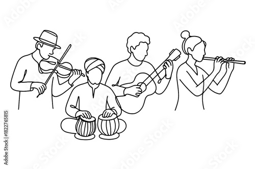 Global Music Fusion. Music Collaboration. Minimalistic one-line drawing musicians playing instruments from