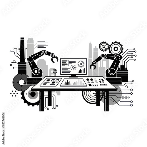 Industrial robotic arms operating a futuristic control panel with a computer.