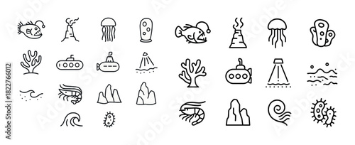 Aquatic icons set: fish, submarines, jellyfish, coral, waves, volcanoes, prawns, microbes